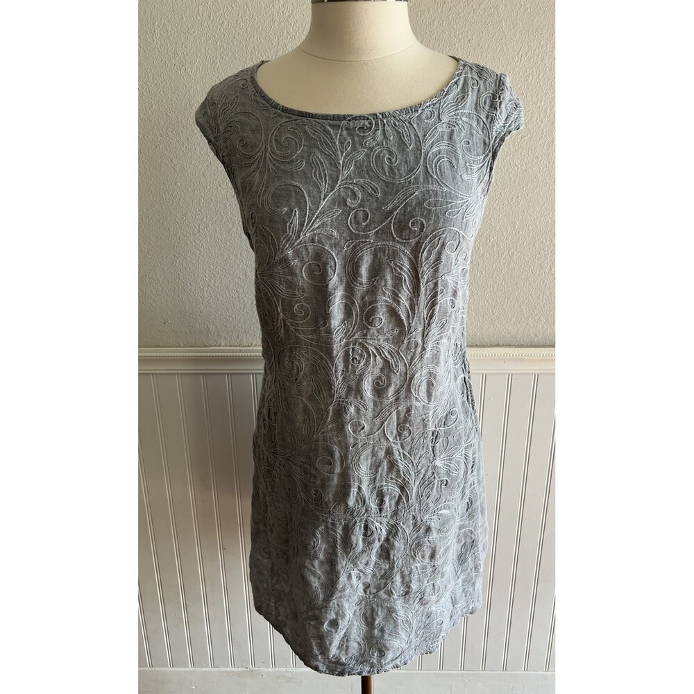 Lina Tomei Short Sleeve Shift Dress Linen Embroidered Pockets Stretch Blue M
